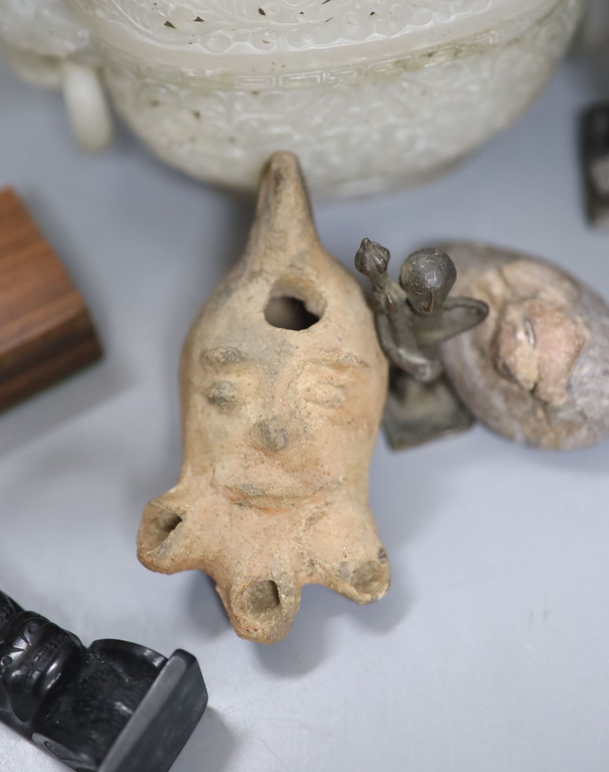 A Chinese jade censer and cover and various sculptures